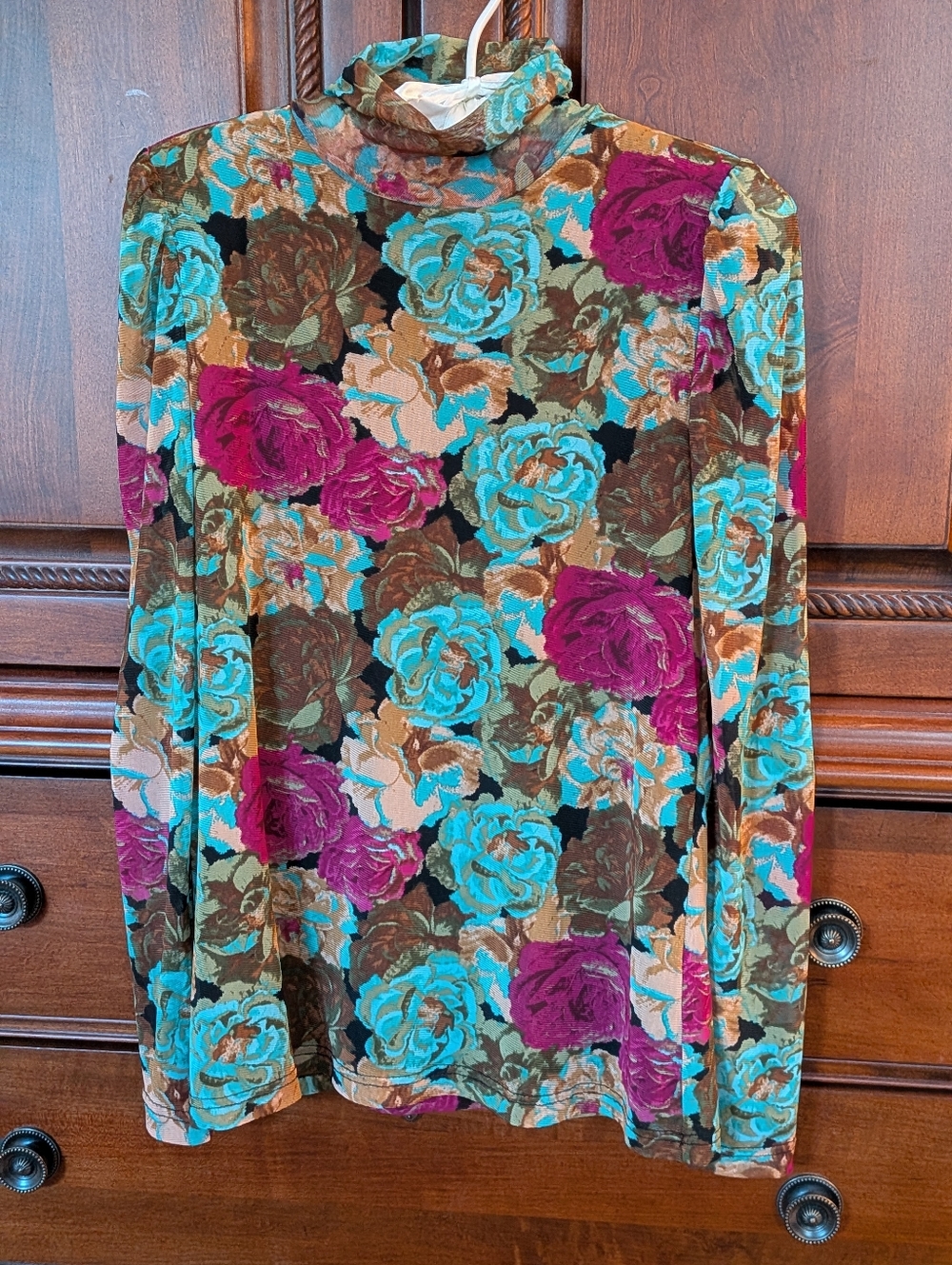 Floral Mockneck Top in Teal and Brown Small